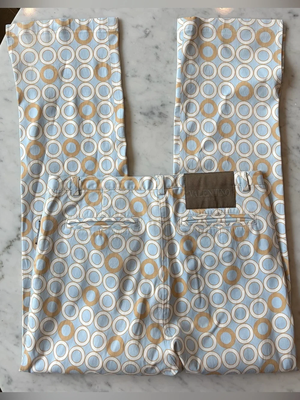 Valentino Jeans 5 pocket pants, lt blue, tan circles, cropped, hem slits, 26,GUC - Picture 10 of 13